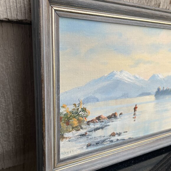 Lake Taupo New Zealand Fisherman Lake Mountains Original Oil Canvas A Christe - Picture 3 of 8